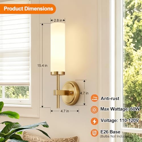 [Hardwired] Wall Sconces Set of Two, Brushed Gold Bathroom Sconces with Milky White Glass, Modern Wall Light Fixtures for Bathroom Mirror Vanity, Living Room, Hallway, Stairway, Cabinet, Foyer - Image 7
