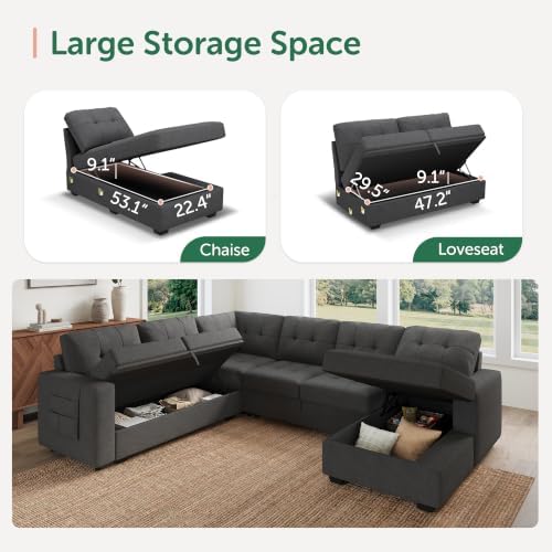HONBAY Modular Sectional Sleeper Sofa with Pull Out Bed, U Shaped Sleeper Couches with Storage Chaise, 114'' Sleeper Sectional Sofas for Living Room, Apartment (Dark Grey) - Image 4