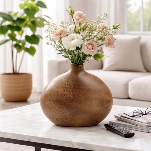 Oval Ceramic Vase for Living Room and Home Decor - Modern Pottery Flower Vase for Tabletop Accent - Sculptural Earthenware Design for Bedroom, Room, House and Office Table Display - 14”, Brown by NESSANDJORD