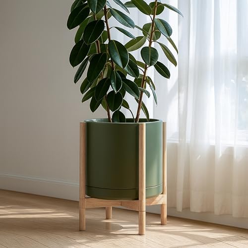 D'vine Dev Ceramic Pot with Natural Wood Stand, Olive, 14 in, 55-B-R-J - Image 2