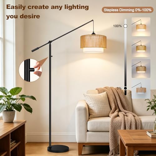 【Upgraded】Boho Dimmable Floor Lamps with Adjustable Swing Arm, 1100 Lumens Bulb Included, Modern Standing Lamp with Rattan & Fabric Shades, Farmhouse Tall Arc Floor Lamp for Living Room Bedroom, Black - Image 3