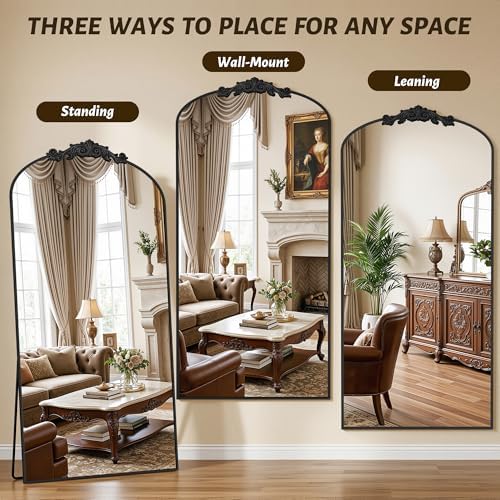 Vintage Full Length Mirror,71"x28" Arched Antique Floor Mirror with Carved Metal Frame,Large Standing Wall Mounted or Leaning Mirror for Bedroom Living Room Entryway,Black - Image 7