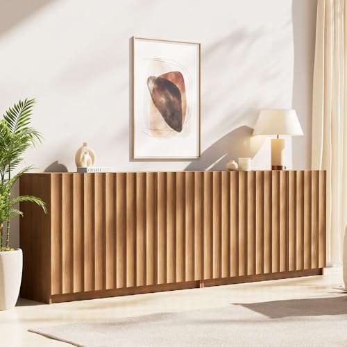 Modern Buffet Cabinet with Storage, 94.5" Tall Fluted Arched Sideboard Cabinet w/Adjustable Shelves, Wooden Modular Coffee Bar for Dining Room, Kitchen, Living Room, Entryway, Natural by Unknown