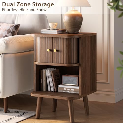 Decofy Fluted Nightstand, Charging Station & Sliding Door, Walnut - Image 4