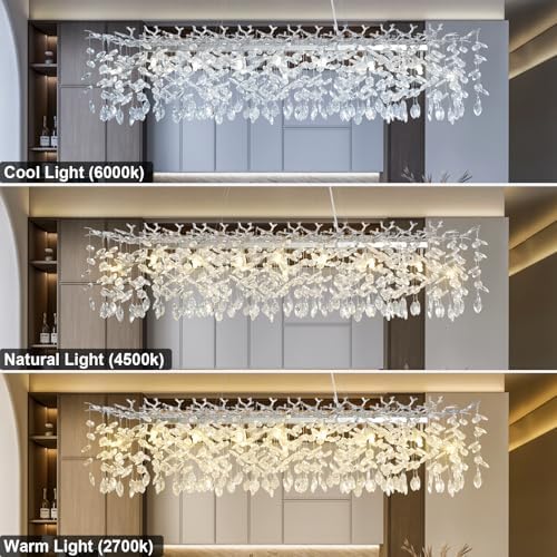 60" Silver Crystal Chandelier, 16-Light Modern Tree Branch Chandeliers, Rectangular Chandelier for Dining Room, Kitchen Island, Living Room, Foyer, Entryway, Luxury K9 Crystal Raindrop Light Fixture - Image 6