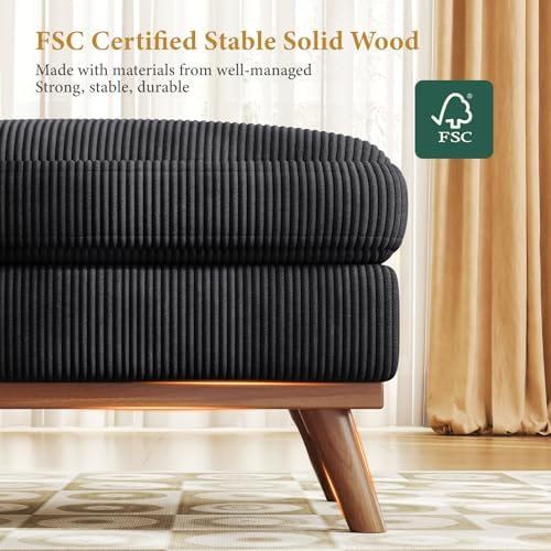 Vesgantti Large Ottoman for Modular Sofa, 29.5" Corduroy Ottoman with Spring Cushion, Rectangle Foot Rest for Couch, Entrance Footstool with Wood Legs, Footstool for Living Room, Bedroom, Black - Image 5