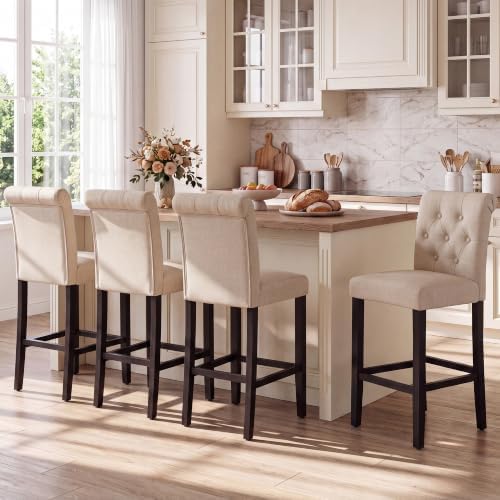 LSSBOUGHT Counter Stools Set of 4,24 inches Upholstered Counter Height Chairs with Button-Tufted and Solid Wood Legs（Beige） by LSSBOUGHT