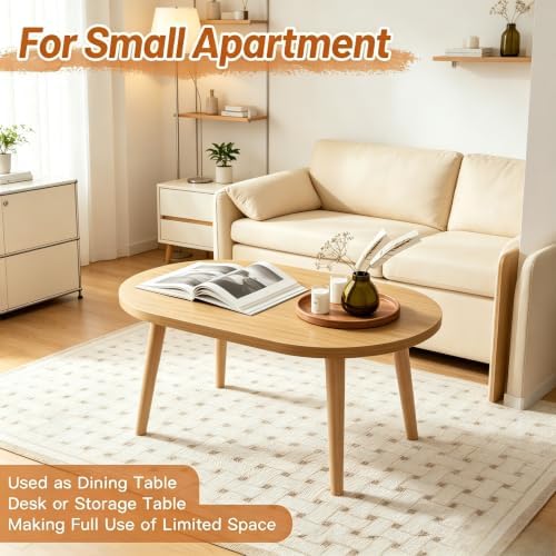 Small Coffee Table, Low Table with Solid Wood Legs, 23.6" Mini Oval Accent Table Side End Table, Floor Table Desk for Sitting on The Floor, Coffee Tea Table for Living Room, Dorm, Apartment, Natural - Image 6