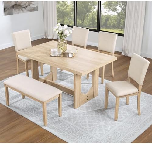 LUMISOL 6-Piece Dining Table Set with Bench, Rectangular Kitchen Table Set with U-Shaped Base, 4 Upholstered Chairs and Bench for Kitchen, Dining Room, Light Oak & Beige by LUMISOL