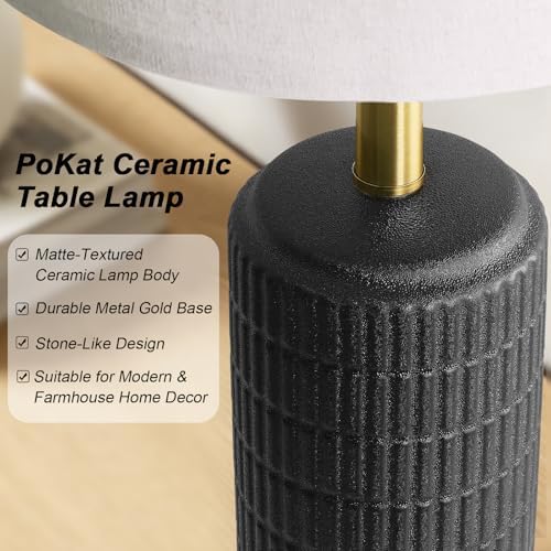 PoKat 25'' Black Ceramic Table Lamps Set of 2 with Gold Base for Bedroom Living Room, Farmhouse Matte-Textured Bedside Lamps for Nightstand Sideboard End Table with Stone-Like Design (Matte Black) - Image 2