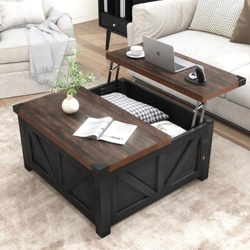 jimeimen Farmhouse Lift Top Coffee Table with Storage, Wood Square Center Table with Charging Station&USB Port, Living Room Table w/Large Hidden Space, for Living Room, Bedroom, Home Office, Black by jimeimenFurniture
