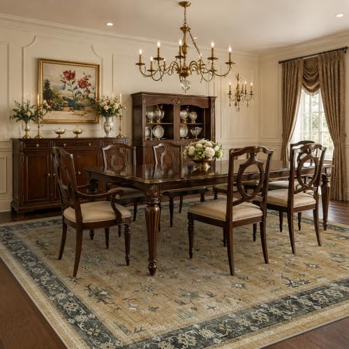 Washable 9x12 Living Room Rug - Vintage Extra Large Area Rugs for Dining Room Under Table, Rustic Brown and Charcoal Olive Low Pile Carpet for Bedroom Under the Bed, Non-Slip Stain & Fade Resistant - Image 3