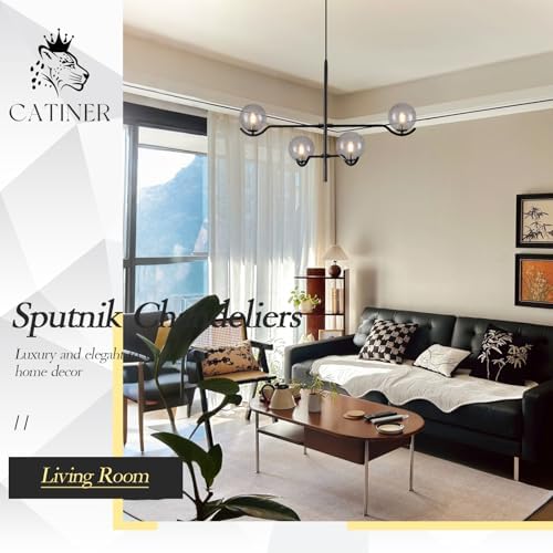 CATINER Modern 31" 4-Light Black Sputnik Chandelier with Smoke Glass Globe - Image 4