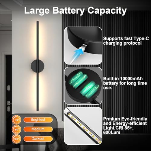 Tartek Battery Operated Wall Sconces Set of Two, Rechargeable Wall Lights with Remote Control, Dimmable 3000K-6000K LED Wall Lamp, 360°Rotate, Long Wireless Sconces for Living Room, Bedroom - Image 3