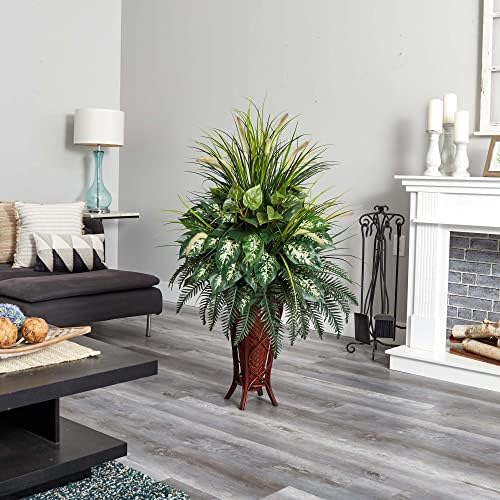 Nearly Natural 6725 Mixed Greens and Cattails Plant with Stand Planter, Green 34 x 32 x 50 - Image 3