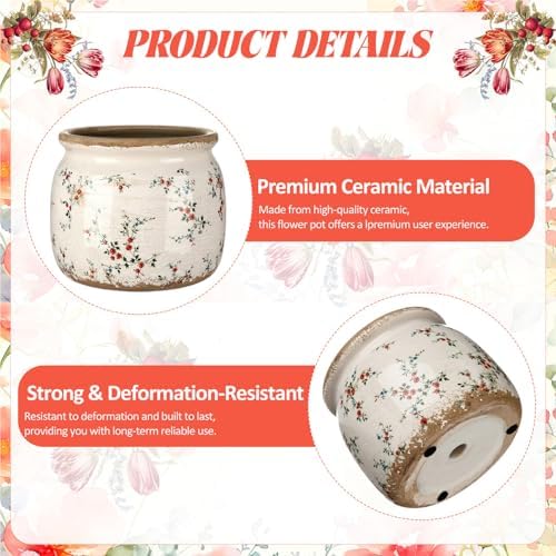 2 Pcs Vintage Planter Ceramic Plants Pot with Drainage Ice Crack Scroll Flower Vase Pot for Indoor Outdoor Plants Home Kitchen Decor Gifts(Farmhouse Rose,5.9") - Image 3