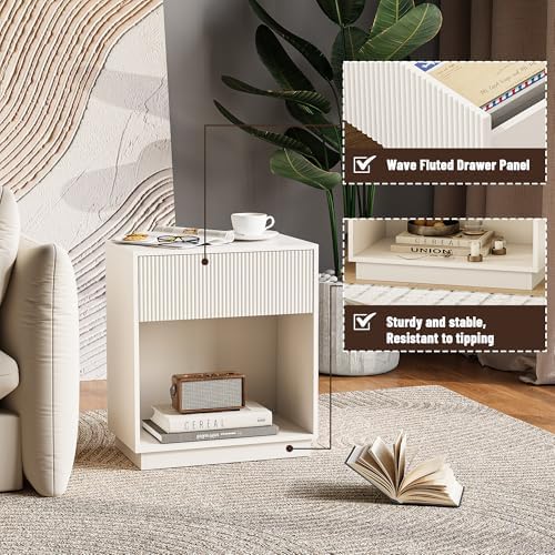 Fluted Nightstands Set of 2, Modern Bedside Table with Drawer and Storage Shelf, Wood End Table Mid Century Night Stands for Bedroom Living Room Sofa Couch Office (White) - Image 4