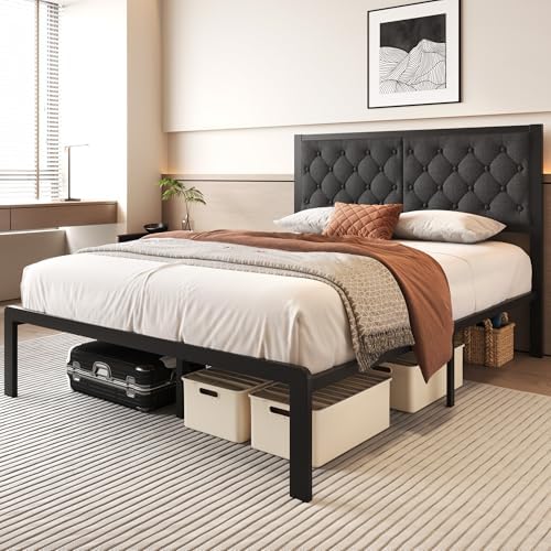 Fluest Queen Bed Frame with Headboard Linen Upholstered Bed Frame Platform,All Metal Slats Support Platform Bed Frame with Storage Space,Easy Assembly,Noise Free,No Box Spring Needed,Grey - Image 3