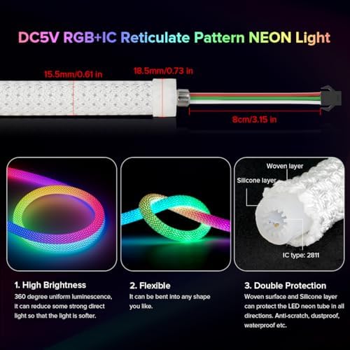 BTF-LIGHTING 3.2FT WS2812B IC RGB Addressable Neon Rope Strip Kit IP67 DC5V - Image 6