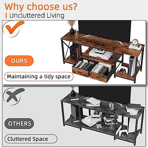 GYIIYUO TV Stand with Fabric Drawers for 65 70 75 Inches TV - Entertainment Center and Industrial TV Console Table with Open Storage Shelves for Living Room, Bedroom - 63" Rustic Brown - Image 3