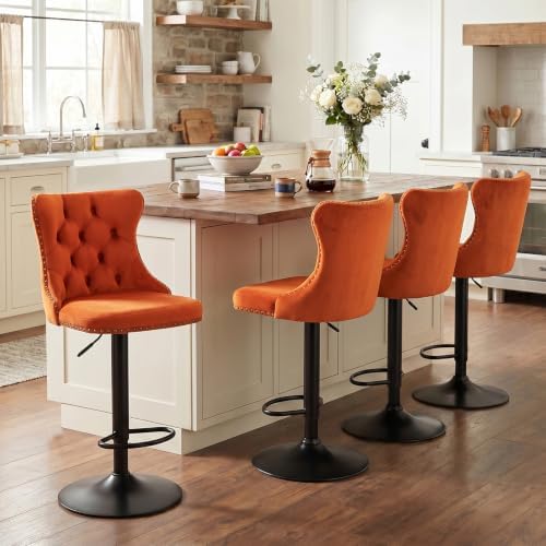 SoarFlash Velvet Bar Stool Set of 4, Adjustable Swivel Bar Stools with Black Metal Leg, Button Tufted, Footrest, Chrome Nailhead, Counter Height Chair for Kitchen, Bar, Dining Room (Orange) by SoarFlash
