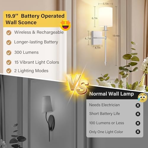 19 Inch Battery Operated Wall Sconces Set of 2 with Remote, Brushed Nickel Rechargeable Wireless Wall Lights with White Fabric Shade, Cordless Wall Lamps with Dimmable Detachable Bulbs for Bedroom - Image 3