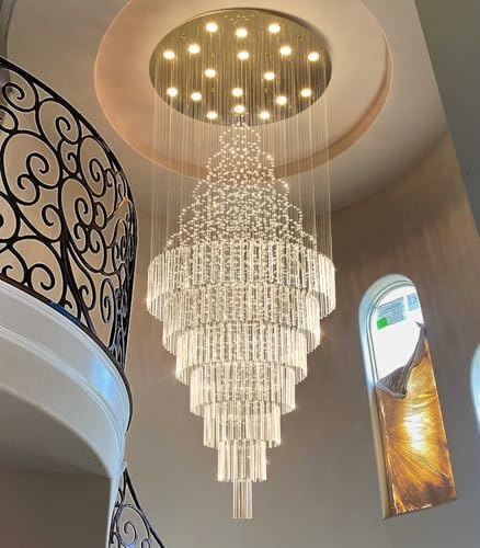 HAIXIANG W40 x H120 Glam Chandelier with LED Bulbs Crystal Raindrop High Ceiling Pendant Light for Entrance Large Villa Chandelier Foyer Lighting Fixtures Gold by HAIXIANG
