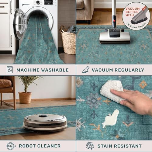 Boho Teal 7x9 Soft Rugs for Living Room, Washable Turquoise Rug for Bedroom Under Bed, Vintage Non Slip Floral Dining Room Carpet, Low Pile Soft Fade Resistant - Image 4