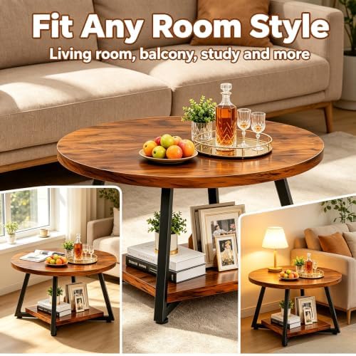 Coffee Tables for Living Room, 27.6" Round Coffee Table, Brown Coffee Table - Image 4