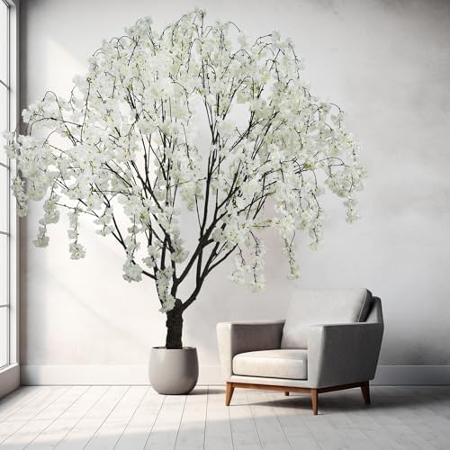 Artificial White Cherry Blossom Tree, 7 Ft Tall Indoor Faux Plant with Cascading Branches, Potted Decorative Tree for Home, Office, Living Room, Patio - Image 6
