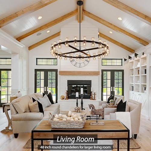 Modern 48 inch Black Round Chandeliers Light Fixture, Crystal Chandeliers for Dining Room, Living Room Chandelier, Wagon Wheel Chandelier Over Table, Suitable for Bedroom,Foyer,Includes Bulb - Image 2