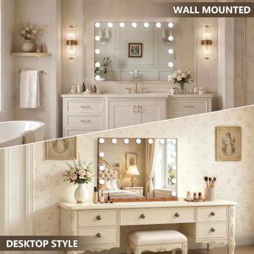 Ratsamee Wood Grain Hollywood Vanity Mirror with Lights, 15 Dimmable Bulbs, 3 Color Lights,Make Up Lighted Mirror, Aluminum Metal Frame, USB Charging Port（23" x 18"） - Image 4