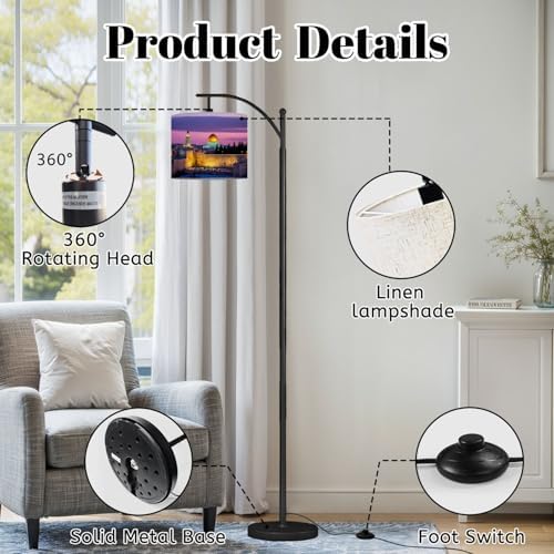 Arc Floor Lamp Old City Jerusalem Dimmable Modern Standing Lamp with Remote Adjustable Drum Shade Footswitch Tall Pole Lamp for Living Room Bedroom - Image 6
