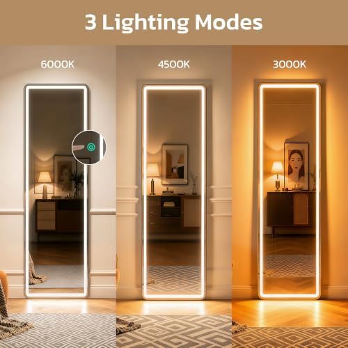 Full Length Mirror with LED Lights, 60"x16"Floor Mirror with Dimming & 3 Color Lighting, Free Standing Floor Mirrors, Lighted Full Body Mirrors for Bedroom, Dressing Room, Cloakroom - Image 3