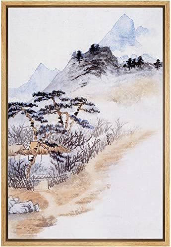 NWT Framed Canvas Print Wall Art Japanese Watercolor Mountain Nature Wilderness Illustrations Modern Art Decorative Landscape Rustic Zen Colorful for Living Room, Bedroom, Office - 24"x36" Natural by NWT