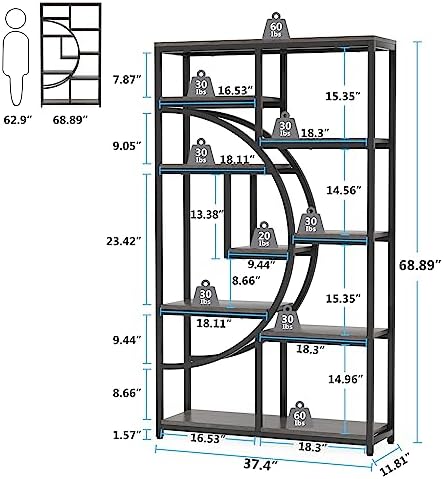 Tribesigns Industrial Bookshelf Bookcase with 9 Open Shelf (Grey) - Image 2