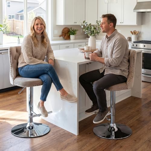 SoarFlash Velvet Bar Stool Set of 2, Adjustable Swivel Bar Stools with Silver Plated Metal Leg, Button Tufted, Footrest, Chrome Nailhead, Counter Height Chair for Kitchen, Bar, Dining Room (Beige) - Image 4
