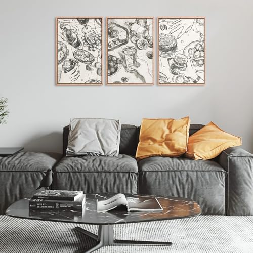 LHIUEM Large Retro Sketch Cheers Framed Canvas Wall Art,Food and Drink Wall Decor,Mid Century Gatherings Dinner Wall Painting,Abstract Black and White Art Prints for Kitchen,Dining Room - 24"x36"x3 - Image 4