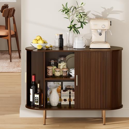 DHH Sideboard Buffet Cabinet with Storage,Mid Century Modern Fluted Accent Coffee Bar Console Table,Tambour Sliding Doors& Adjustable Shelf for Kitchen, Living Room, Entryway(Walnut, 40Inch) - Image 7