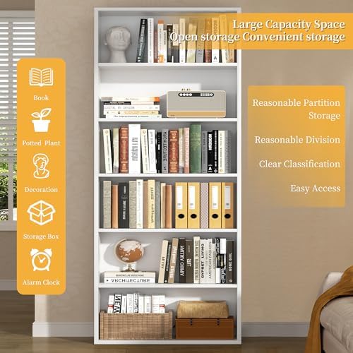 6-Tier Bookshelf, Modern Open Bookcase,6 Shelf Display Storage Shelves Floor Standing, 71 inches Tall Shelves for Home Office, White - Image 5
