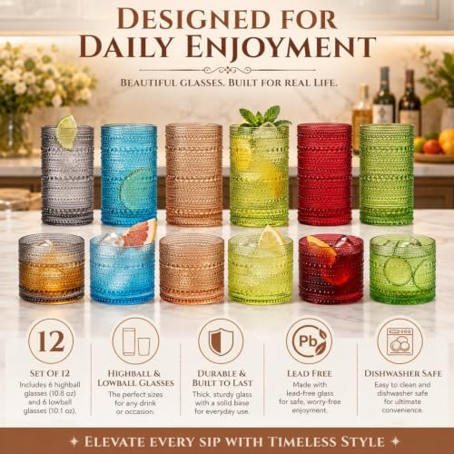 Khen Hobnail Beaded Highball Drinking Tumbler Glasses | Set of 12 | Autumn Colors Vintage Bubble Design Whiskey Glassware, Old-Fashioned, Embossed Design Water, Wine, Cocktail Rocks Glasses - Image 5