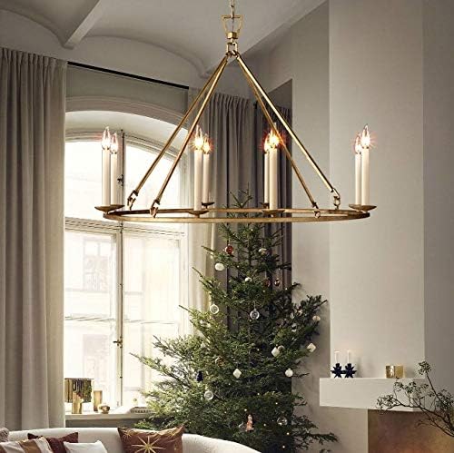 LOVEDIMA Gold Wagon Wheel Chandelier Rustic 35.4'' Candle-Shaped Metal Chandeliers Antique Brass Round Ceiling Hanging Light Fixture (8-Light) - Image 5