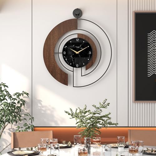 Modern Walnut Marble Dial Wall Clock, Large Wood Metal Frame Silent Non Ticking Wall Clocks for Living Room, Bedroom Decoration, Contemporary Home Wall Decor Gift Idea, 29.5 in by VIVIFLYSE