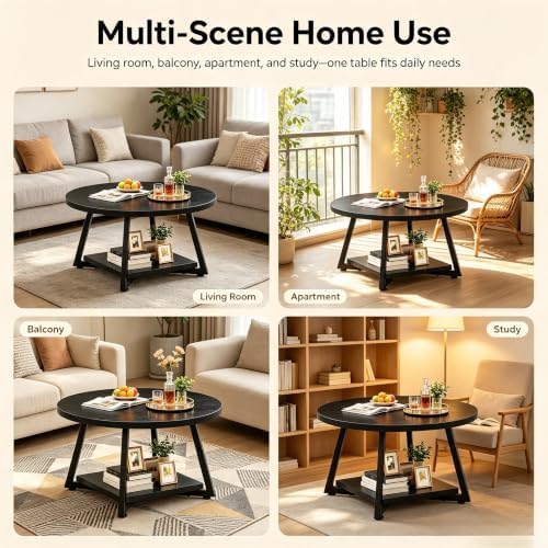 Coffee Tables for Living Room, 27.6" Round Coffee Table, Black Coffee Table - Image 5