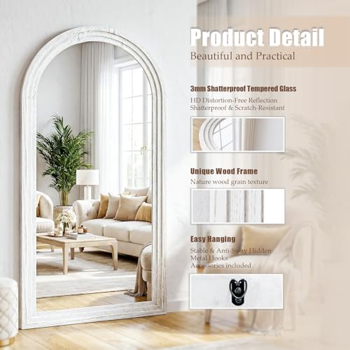 30"x71" Full Length Mirror Solid Wood Frame, Arched Floor Mirror Full Length with Stand, Room Decor Big Full Body Mirror with HD Tempered Glass for Bedroom, Living Room, White - Image 3