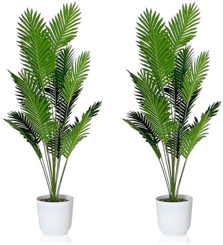 SAJANDAS Set of 2 Artificial Areca Palm Plants in Pots, 50 Inch Fake Tropical Palm Trees with Greenery Leaves and Stems, Faux Dypsis Lutescens Floor Plants for Garden, Store, Office, Home Decoration by SAJANDAS