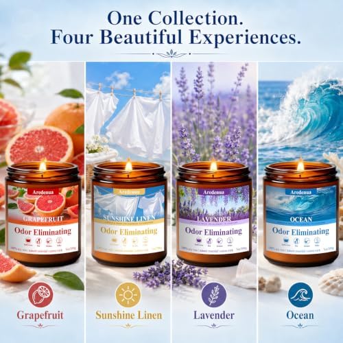 4 Pack Odor Eliminating Highly Fragranced Candle - Eliminates 95% of Pet, Smoke, Food & Other Smells Quickly - Air Freshing Scent of Grapefruit/Linen/Lavender/Ocean - 28oz Soy Candle Gift for Home - Image 2