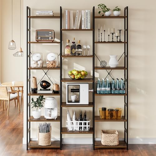 NUMENN Triple Column 6 Tier Bookshelf with 17 Adjustable Shelves, Vintage - Image 5