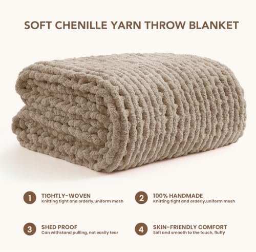 L'AGRATY Chunky Knit Throw Blanket for Couch, 50 x 70 Inches, Light Taupe - Image 3