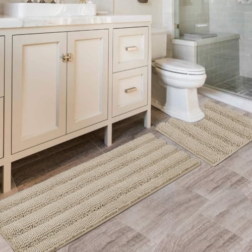 H.VERSAILTEX Bathroom Rug Sets 2 Piece Bath Mats Non Slip Thick Soft Chenille Striped Bath Rug achine Washable Shower Floor Rugs for Tub, Shower and Floor (Fog, 47"x17" Plus 20"x20" U) by HVERSAILTEX